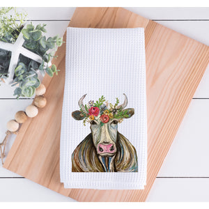 Painted Cow With Flower Crown Kitchen Towel