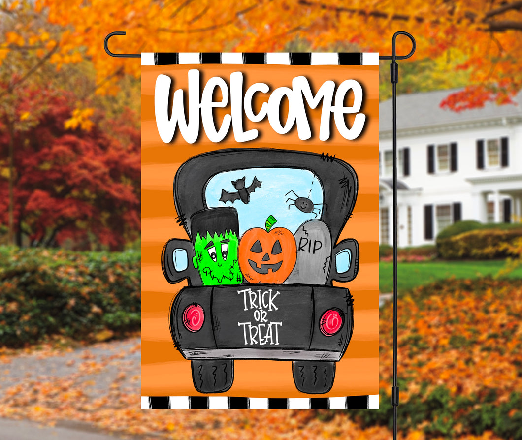 Welcome Trick Or Treat Black Halloween Truck Garden Flag