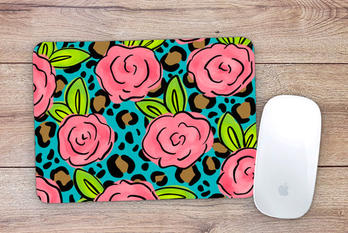 Aqua Leopard Floral Mouse Pad