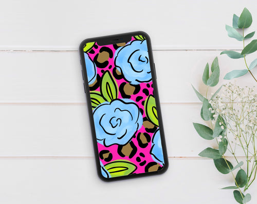Hot Pink Leopard With Blue Flowers Phone Wallpaper