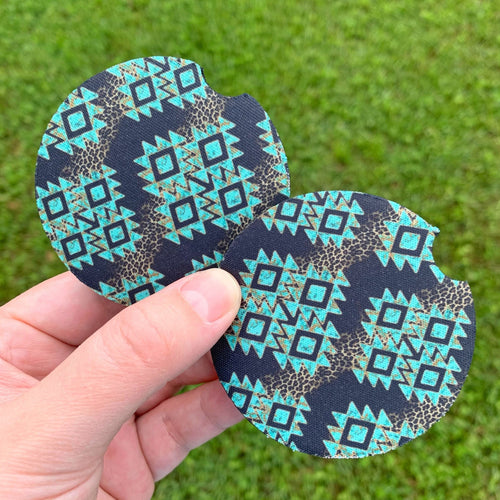 Turquoise Aztec Leopard Car Coasters