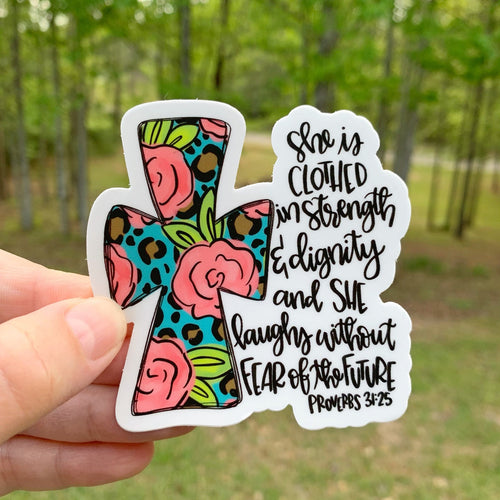 Proverbs 31:25 Floral Leopard Cross Sticker