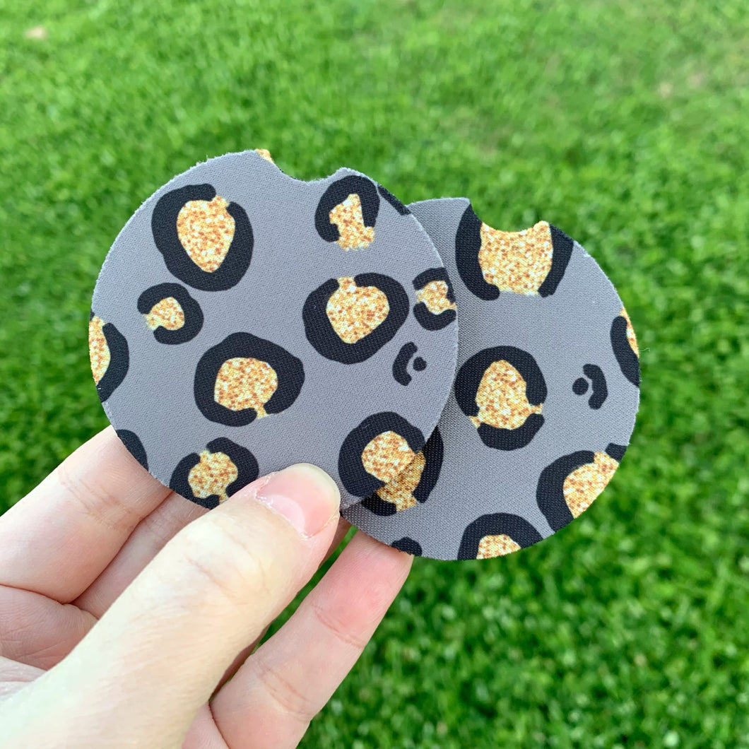 Greige Leopard Glitter Car Coasters