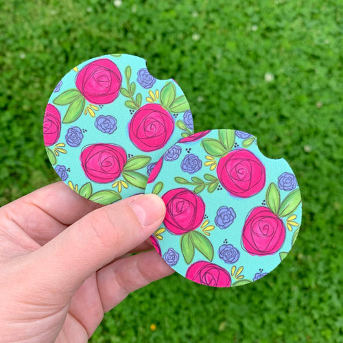 Aqua Floral Car Coasters