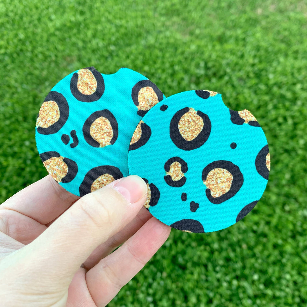 Aqua Leopard Glitter Car Coasters